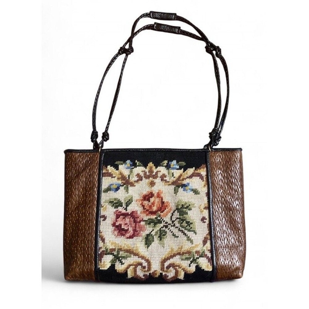 Vintage Needlepoint Floral Handbag Purse 9x12 Leather Ornate Romantic Retro Boho